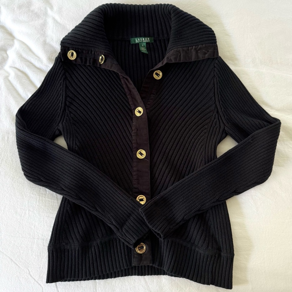 Ralph Lauren Black Ribbed Button-Up Cardigan with Gold-Tone Buttons